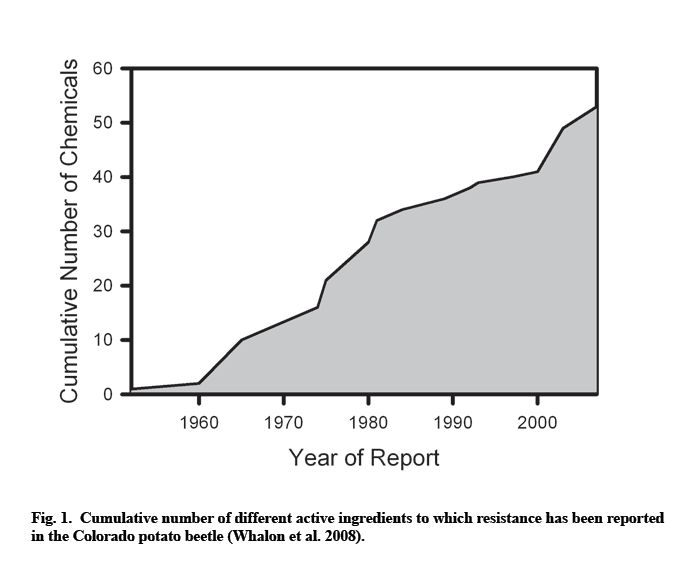 Cumulative number of insecticides to which the Colorado potato beetle developed resistance